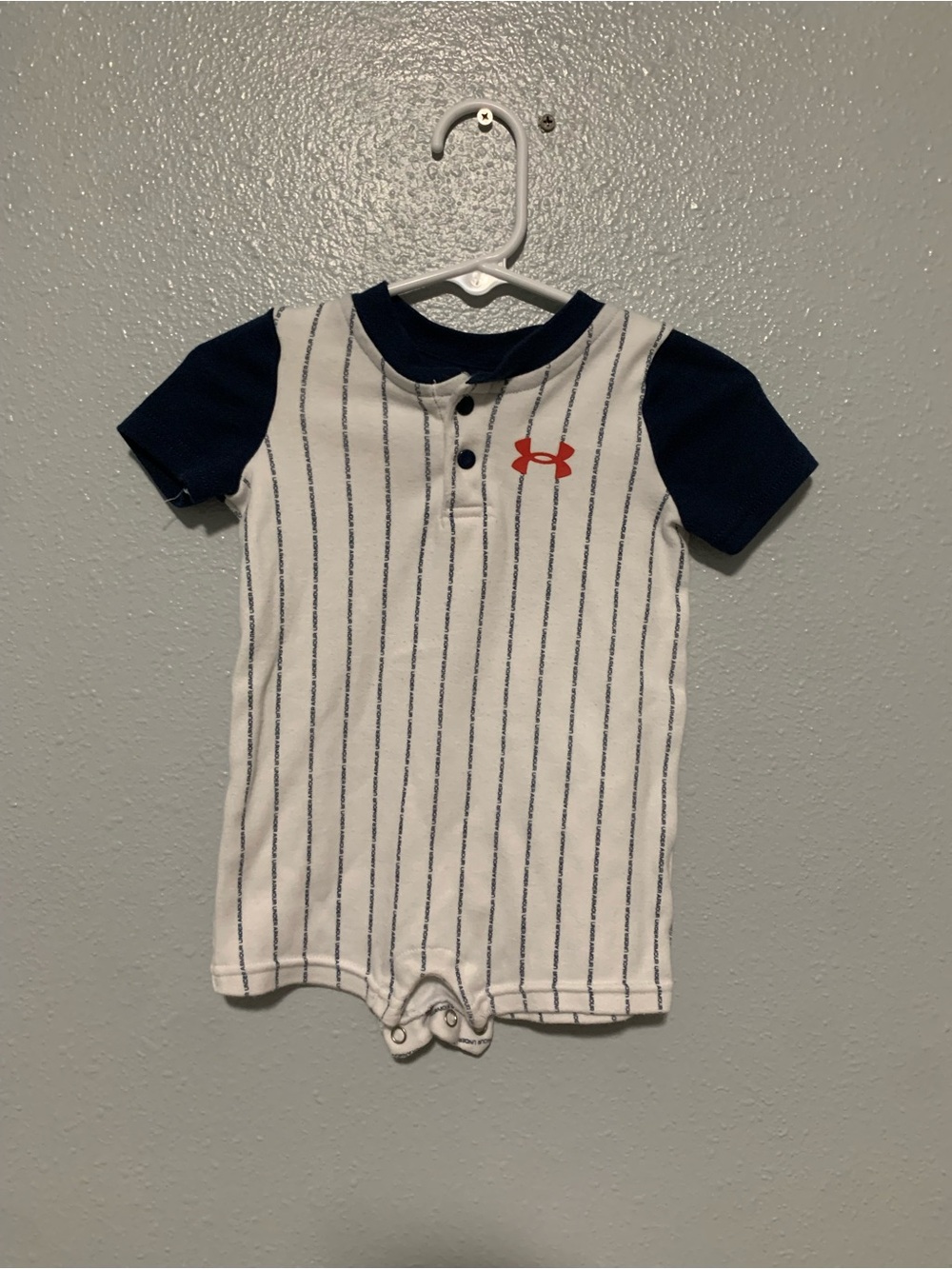 Under Armour White Baby Romper with Navy Trim and Red Logo